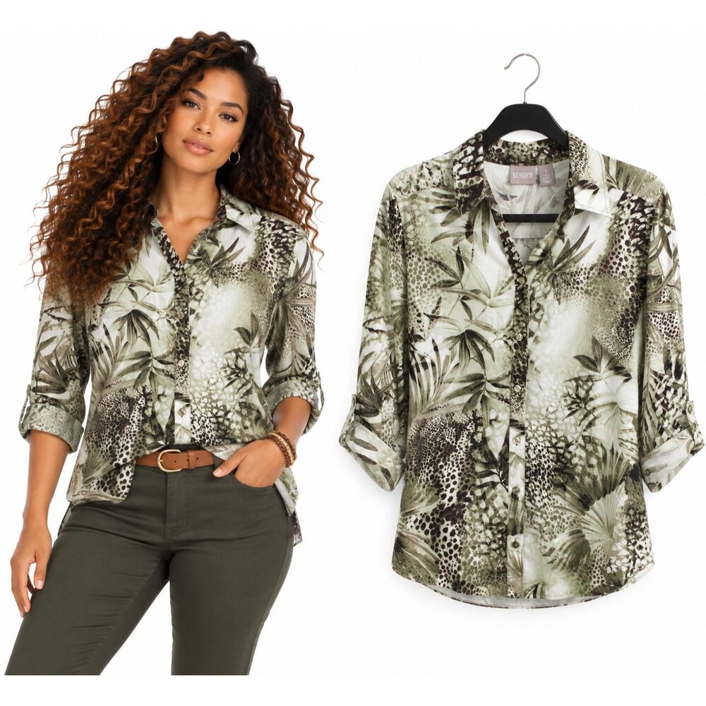 Chicos Button Down Blouse Shirt Size Medium Tropical Jungle Leopard Print